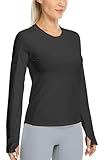 icyzone Damen Sport Langarmshirt Mesh Shirts Langarm Laufshirt Atmungsaktive Gym Yoga Top mit Daumenloch (Black, XL)