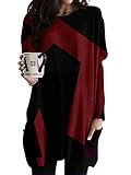 Minetom Langarmshirt Damen V-Ausschnitt Druck Lose Langarm Oberteile Oversize Lang Sweatshirt Tops Asymmetrisch Saum Jumper Pullover Mit Taschen L Rot L