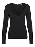VERO MODA Damen Bluse Slim Fit V-Ausschnitt Spitzen-Detail Basic Langarm, Farben:Schwarz, Größe:L