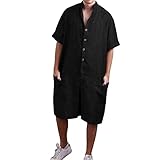 Herren-Jumpsuit für Frühling und Sommer, Leinen, Baumwolle, einfarbig, Stehkragen, Shorts, Zuhause, mit Taschen, atmungsaktiv, leicht, elastischer Bund, Schwarz , XL