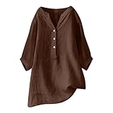 Tunika Damen Sommer Baumwolle Leinenbluse Hemdbluse Knopf V-Ausschnitt Elegant Langarm Leinen Blusenshirt Einfarbig Oberteile Große Größen Damenbluse Frühling Shirt Damen S