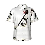 CHANGLEI Herrenhemd mit Eishockey-Muster, weich, atmungsaktiv, kurzärmelig, lässig, leicht, bedruckt, Polyester, lockere Passform, Knopfleiste, Schwarz , XXL