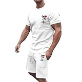 Jogginganzug Herren Sommer Sportanzug 2 Teiliges Outfit Seitentaschen und Elastischen Kurzarm T-Shirt + Kurze Hose Set Jogginganzug Zweiteiliges S