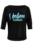 Winshape Damen Ultra leichtes Modal-3/4-Arm Shirt MCS001 mit neon blauem „I Believe in Chocolate” Glitzer-Aufdruck, Dance Style, Fitness Freizeit Sport Yoga Workout Schwarz-neon-blau-Glitzer M