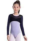 Jugaoge Mädchen Langarm Ballettanzug Farbblock Tanzbody Rundhals Leotard Patchwork Sport Bodysuit Farbblock Gymnastik Turn Outfits Dancewear Lavendel 158-164