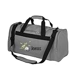 minimutz Sporttasche Kinder personalisiert Dino, Reisetasche T-Rex Jungen Mädchen groß, Kindersporttasche mit Name 26L (grau)