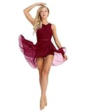 iEFiEL Damen Ballettkleid Tanzkleid mit Asymmetrisch Rock Wickelrock Tango Latein Kleider Leotard Ballettanzug Trikot Tanz-Body Gr. XS S M L XL Weinrot XS