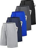 GetGigt 5er-Pack Kurze Hosen Jungen Sport Shorts Jungen mit Taschen Schnell Trocknend Sporthose Trainingshose Kinder für Basketball Fußball(L,Schwarz, Dunkelgrau, Marineblau, Hellgrau, Hellblau)