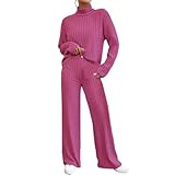 Damen 2-teiliges Pullover-Set, Strick, Winter, Sweater, Top, Strick, warm, Pullover, Sport, Hose, breites Bein, Winter, Sportswear, warm, Trainingsanzug, 2-teilig, Hot Pink, 42