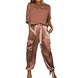 Glattes Satin-Top und Hose für Damen, lässiges Satin-Outfit, 2-teilig, Jogginganzug, kurze Ärmel, schickes und elegantes Set für Damen, braun, 46