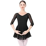 Ballettkleidung Damen Ballett Tanzkleid 3/4 ?rmel Ballettanzug Gymnastik Tanztrikot mit Chiffon Rock Ballettkleid Ballerina Tanzkleidung Schwarz M