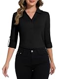 Soneven Damen Blusen Elegant 3/4 Arm Shirt Longbluse Kragen Poloshirt Langarm Krempelärmel Slim Fit Lässig Oberteile Anti-Falten Dehnbar(Schwarz, XXL)