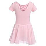 DGSHIRLDJO Kinder Ballettkleidung Mädchen Kurzarm Baumwolle Ballettkleid Balletttrikot Tanzkleid Tanzbody mit Chiffon Rock Tütü (DE/NL/SE/PL, Numerisch, 140, Regular,rosa)