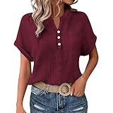 Bluse Damen Sommer Musselin Bluse Damen Leinenbluse Lässige Oberteile Fledermausärmel Gepatchtes Hemd Lässiges Arbeits-T-Shirt Meine bestellungen anzeigen 2025 letzte Bestellung (Wein,5XL)