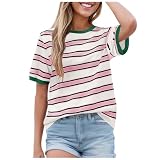 T-Shirt Damen Ringelshirt Rot Weiss Rundhalsausschnitt Gestreiftes Oberteil Rundhals Basic Shirt Gestreift Locker Matrosen Casual Elegant B