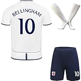 Hawkara Limitierte England #10 Bellingham Heim Fußball Kinder Trikot Auflage Shorts Socken Set Jugendgrößen (Weiß,30)