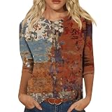 Generisch T-Shirt Damen 3/4 Arm, Damenen Bedruckte Weich Bluse Rundhals Mode Ärmel Frühling Baumwol Lockere Loungewear Oversized Elegant Tunika Tshirt Schwarz Oversize Shirt (L, Brown)