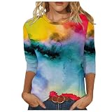 Masrin 3/4 arm Shirt Damen Bunt Batik Druck Tshirt Rundhals Dreiviertelärmel Tunika Y2K Regenbogen Druck Pulli Tops Frühlings Sommer Pullover Basic Shirts Plus Size Bluse Streetwear S-5XL