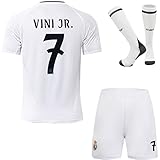 BlackAzat 2024/2025 Madrid Heim #7 Vini Jr. Vinicius Football Fußball Kinder Trikot Shorts Socken Set Jugendgrößen (Weiß/Gold,26)