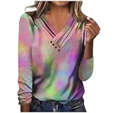 Saxrel Damenblusen mit Batikdruck, V-Ausschnitt, langärmelig, Knopfleiste, lockere Tunika, Frühling, Sommer, Damen-T-Shirt, lässiges T-Shirt, Damen-Pullover, Übergröße, Pullover für Damen, 4
