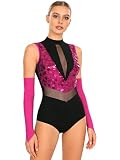 Yhong Damen Glänzende Mesh Turnanzug Gymnastik Leotards Ballett Trikot mit Handschuhe Modern Latein Wettkampf Ballerinas Kostüm Dunkelrosa L
