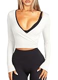 Navneet Damen Wickelshirt Sport Yoga Oberteil Langarm Eng Y2K Pilates Ballet Wrap Tops Bolero Herbst Kleidung Weiß S