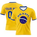 Fußballtrikot Brasilien Trikots – Herren Jungen Mädchen Vintage Gelb Grün Brasilien Fußball Tee – Personalisiert Hinzufügen Teamname Nummer Brasilien Kinder Shirt, Gelb Blau, S
