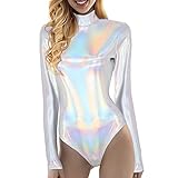 Generisch Metallic Body Damen Turnanzug Bodysuit Langarm Ballett Trikot Leder Gymnastikanzug Lack Tanzbody Glitzer Tanztrikot Kurz Sport Overall Leotard Oberteile Tops Kostü
