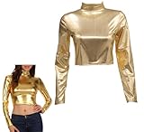 Damen Langarm Oberteile in Metallic Optik, glänzendes Stretch-Langarm Crop Top mit Stehkragen für Clubwear, schmal geschnittene Rollkragen Blusen in Metallic Optik, Party Tanktops, Tanzclub T-S