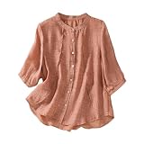 Bluse Damen Sommer, Musselin Leinenbluse, Tshirt Oberteile Frauen, Einfarbig T Shirt Leinenhemd 3/4 Arm Hemdbluse Oversize Rundhals Hawaii Hemd Moderne Basic Leinen Damen Leinen T-Shirt Frühj