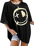 WIEIYM Tshirt Damen Rundhals Kurzarm Oversize Bedrucken T-Shirt Kausale Breite Schulter T-Shirt Damen Sommer Oberteile Sweatshirt Tops,Schwarz,XL
