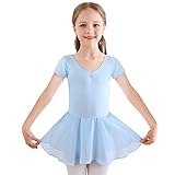 Kinder Ballettkleidung Mädchen Ballettkleid Kurzarm Balletttrikot Ballettanzug Tanzkleid Tanzbody aus Baumwolle mit Chiffon Rock Tütü (140 (130-140cm, 10-11 Jahre), Blau)