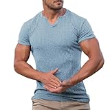 Herren Kurzarm V-Ausschnitt T-Shirt Modisches Freizeitshirt in Uni-Farbe mit Streifenmuster Luftiges Strickoberteil für Sommer Bequemes Lockeres T-Shirt für Outdoor Alltag