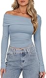 TrendiMax Damen Langarmshirt Elegant Stretch Pullover Slim Fit One Off Shoulder Oberteil Langarm Tshirts Schulterfrei Asymmetrischer Sexy Enge Tops Y2K Crop Top (S, Hellblau)
