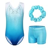 ZNYUNE Mädchen Turnanzug mit Hose Haarband Set Gymnastikanzug Kinder Shorts Trikot Turnen Ärmellos/Langarm Kleidung klassisch Turnbody B182 Blue 12