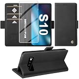 für Samsung Galaxy S10 Hülle mit Schutzfolie, Handyhülle Galaxy S10 Standfunktion Kartenfach Wallet Premium Leder Schutzhülle S10 Flip Case Cover Stoßfeste Klapphülle (Schwarz)