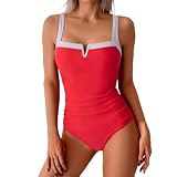 Einteiliger Sommer-Badeanzug, Strand-Monokini, einfarbig, konservativer Bauch, Vintage-Badeanzug, gerüschte Bademode mit Brustpolster, keine Abnutzung, Shorts und, rot, XXL