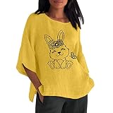 Damen Bluse Elegant 3/4 Arm Rundhalsausschnitt Oberteile Niedlicher Hasen-Aufdruck Freizeithemd Tops Dreiviertelarm T-Shirt (Gelb, M)