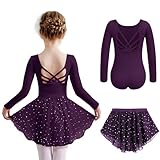 Arshiner Mädchen Ballettkleidung Langarm Ballettkleid Zweiteilig Kinder Baumwolle Tanzkleid Rückenfrei Ballett Trikot mit Tütü Ballettanzug Tanztrikot Ballerina Kleid Dunkel Lila 150/7-8J