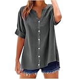 Damen-Top, Baumwoll-Leinen-Hemden für Damen, Sommer, Button-Down-Top, kurzärmelig, elegant, lässig, Blusen, übergroße T-Shirts, Übergröße, lockere Passform, Pullover, Sommer-T-Shirt, A002 Grau, 40