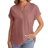 Leinenbluse Damen Baumwolle Leinen Tshirt Leinenshirt Oversize Lose Kurzarm T-Shirts für Damen Tshirt V Ausschnitt Tunika Shirt Lässige Hemdbluse Blusenshirt Longshirt Leinenhemd(Lila,5XL)