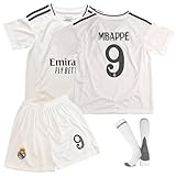 Oirigaga Fussball Trikot Kinder Set, Madrid-Heim Nr.9 Fußballtrikot für Jungen Mädchen von 6-7 Jahren, Atmungsaktives und Schnelltrocknendes Fußball Trainingstrikot mit Kurzarm Shorts Socken, Weiß