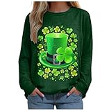 Sweatshirt Damen Oversized, St. Patricks Day Shirt Damen Rundhals Langarm Oberteile Tops Zwerge Spaß Druck Langarmshirt Casual Locker Pullover mit Kleeblatt Muster Damen Elegant Tee S