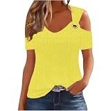Keepink Kalte Schulter-Tops für Damen, Tunika, Hemd, V-Ausschnitt, Sommer-Top, atmungsaktiv, hohles Out-Hemd mit Ösen, locker, Business, Freizeit, elegante Blusen, Urlaubs-Outfits, 11 Gelb, XL