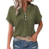 Bluse Damen Sommer Musselin Bluse Damen Leinenbluse Lässige Oberteile Fledermausärmel Gepatchtes Hemd Lässiges Arbeits-T-Shirt Meine bestellungen anzeigen 2024 letzte Bestellung (grün,L)