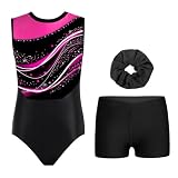 TiaoBug Mädchen Gestreifter Turnanzug Ärmellos Rundhals Gymnastikanzug mit Glitzer Trikot Leotard + Gymnastik Turn Shorts Kurze Hose + Haargummi Kleidung S