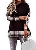 ORANDESIGNE Damen Kapuzenpullover Sweatjacke Hoody Kragen Kariert Pulli 2-in-1 Kariert Casual Bluse Langarmshirt Schwarz XXL
