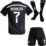 BlackAzat Madrid Heim #7 Retro Black Dragon Limitierte Sonderedition Seltenes Fußball Kinder Trikot Shorts Socken Set Jugendgrößen (Schwarz,28)