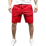 Schwarz Herren Wanderhose Stretch MTB Hose Lang Herren Chino Hose Herren Männliche lässige Shorts mit mittlerer Taille, solide Splice-Tasche, Kordelzug, knielange Shorts Herren Kurze Hose (Red, M)