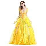 IWEMEK Damen Belle Kleid Erwachsene Halloween Fasching Karneval Kostüm Festlich Party Prinzessin Kleid Gelbes Maxikleid mit Handschuhe Märchen Cosplay Verkleidung 2tlg Set Outfits XXL